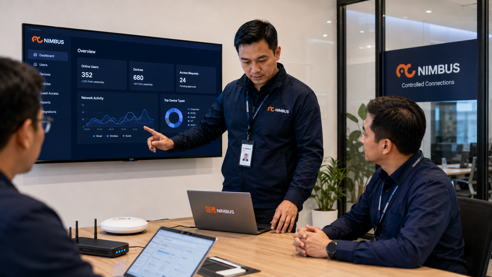 Corporate office dengan pengguna, endpoint, dan akses jaringan enterprise